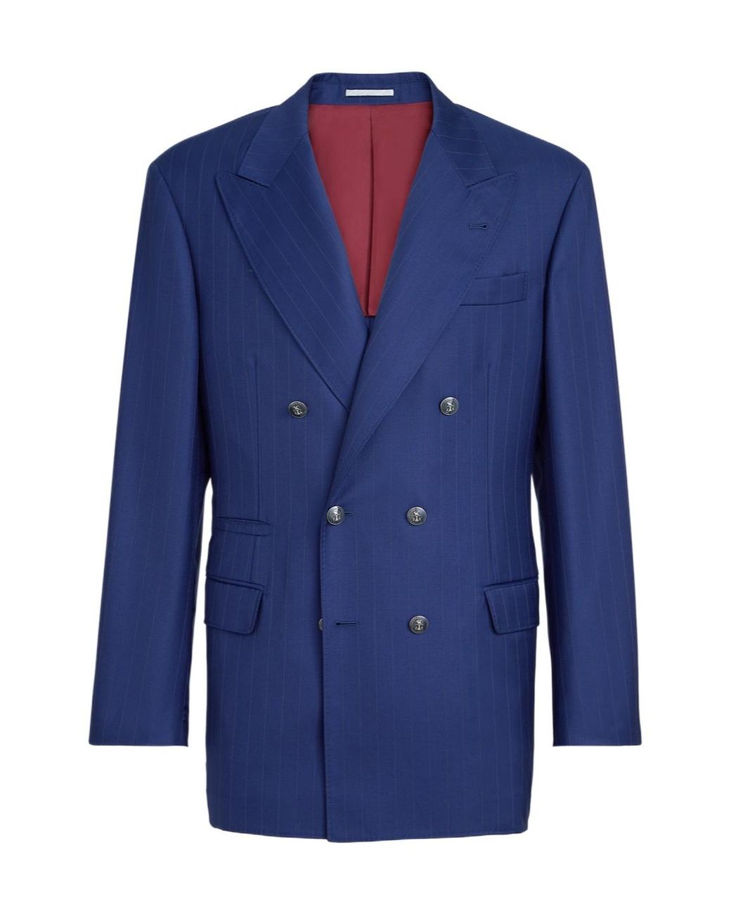Brunello Cucinelli Blue Virgin Wool Chalk Stripe Batavia One-And-A-Half Breasted Tailor Blazer With Metal Buttons for men