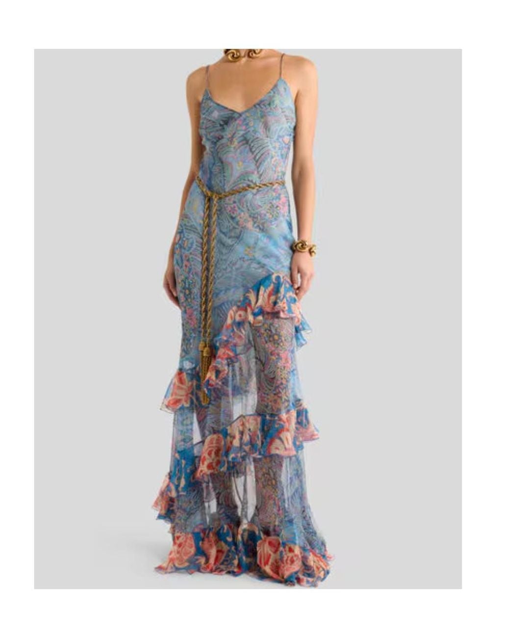 Etro Blue Floral-Printed Sleeveless Ruffled Dress