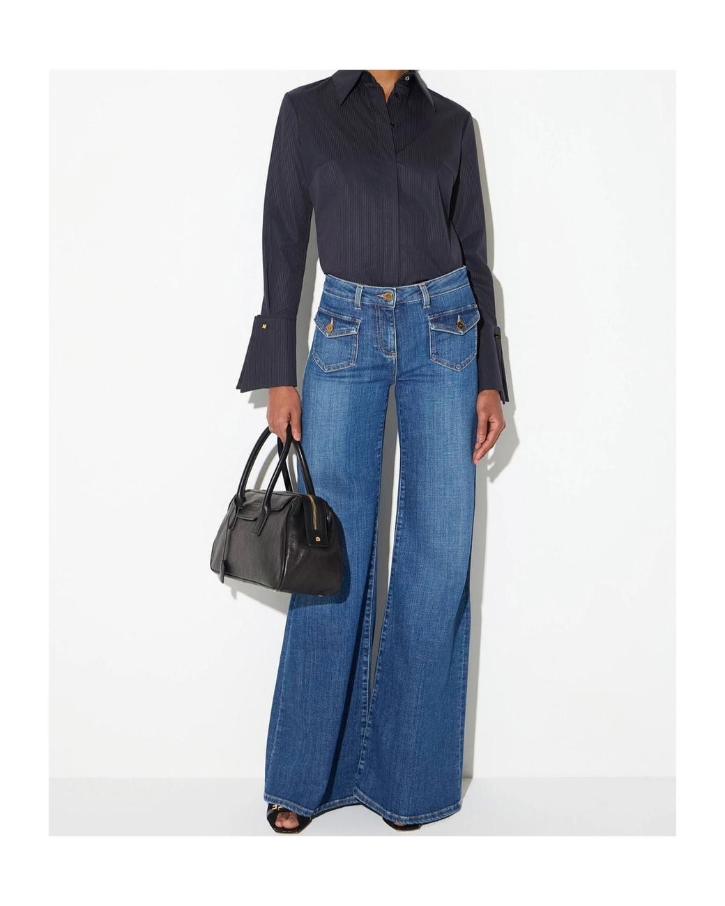 Elisabetta Franchi Blue Oversized-Cuff Striped Shirt