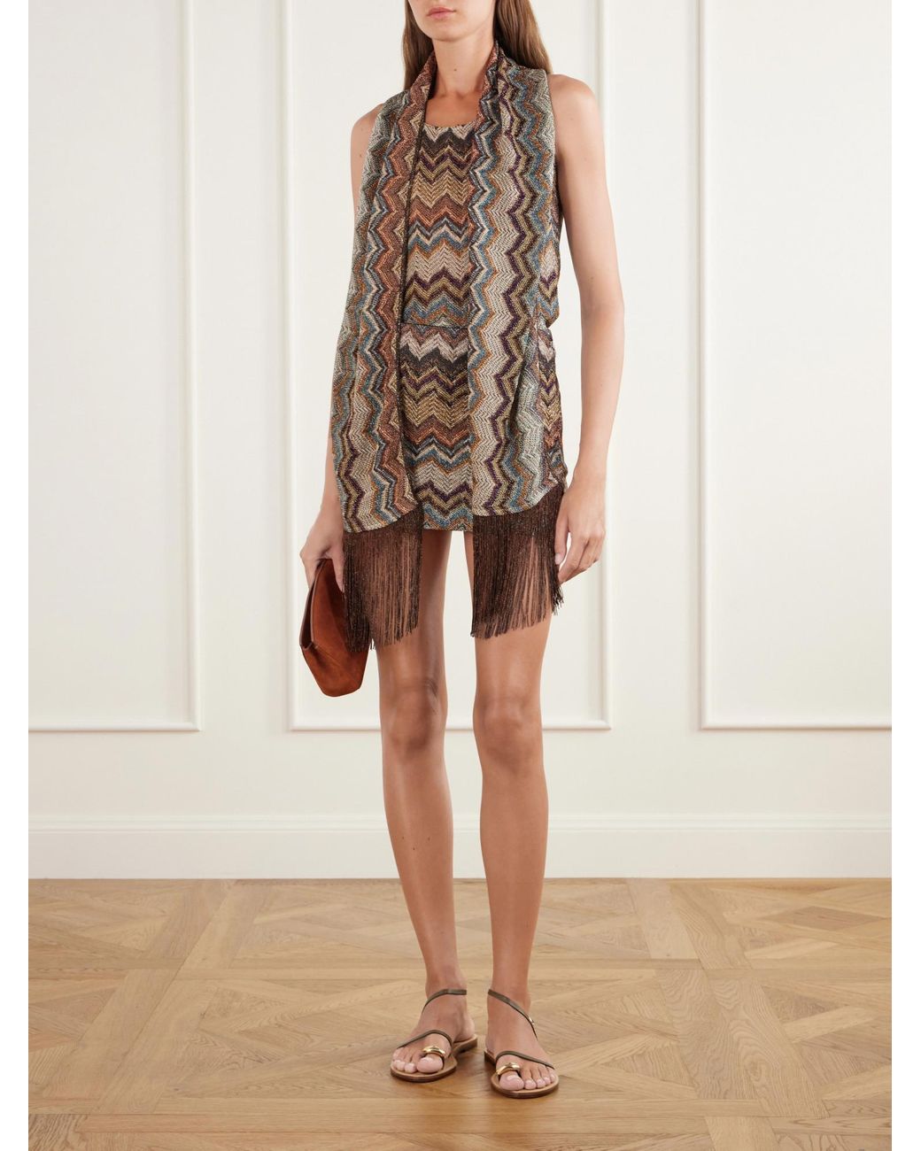 Missoni Brown Striped Metallic Crochet-Knit Scarf