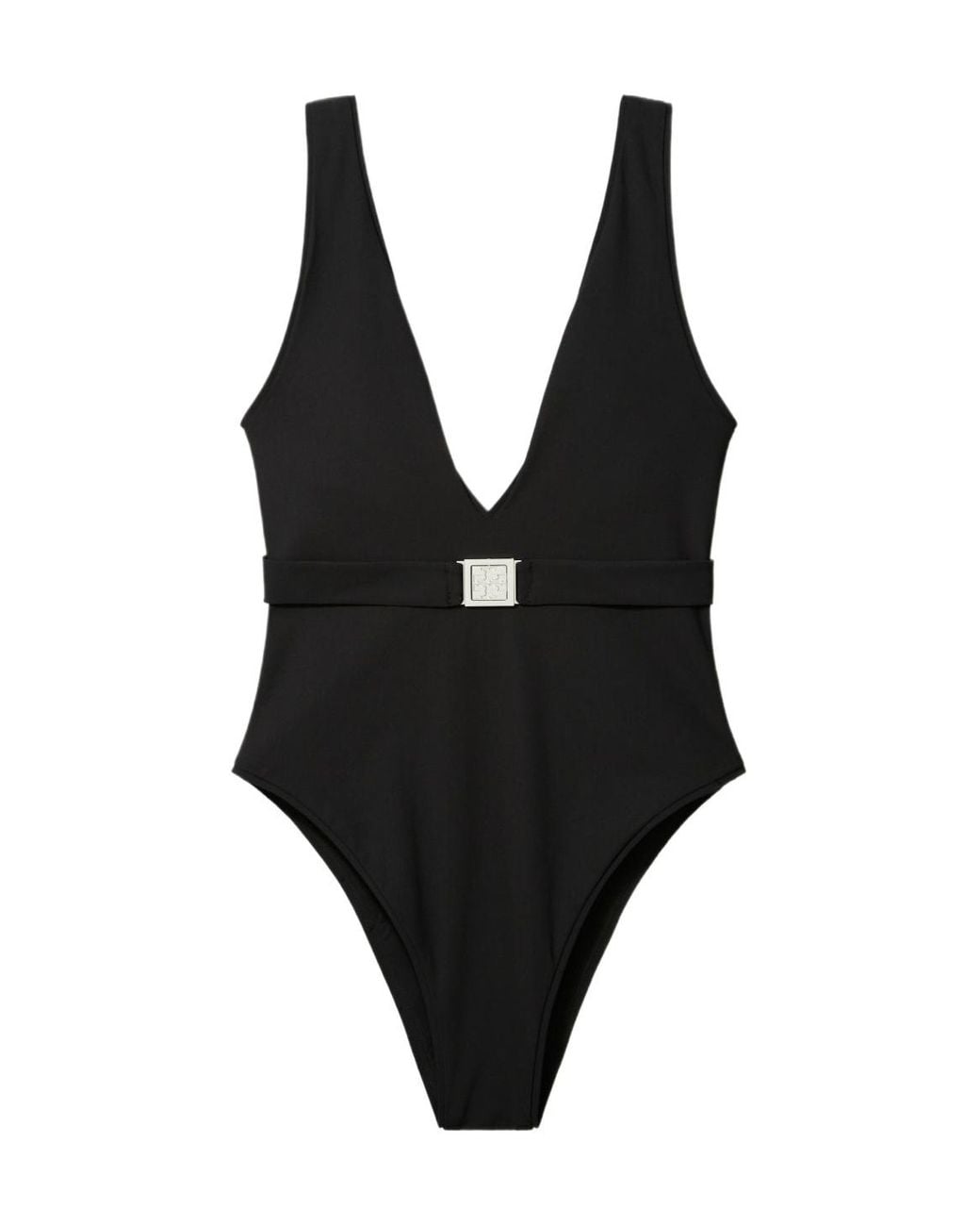 Tory Burch Black V-Neck One-Piece Swimsuit With Belted Waist