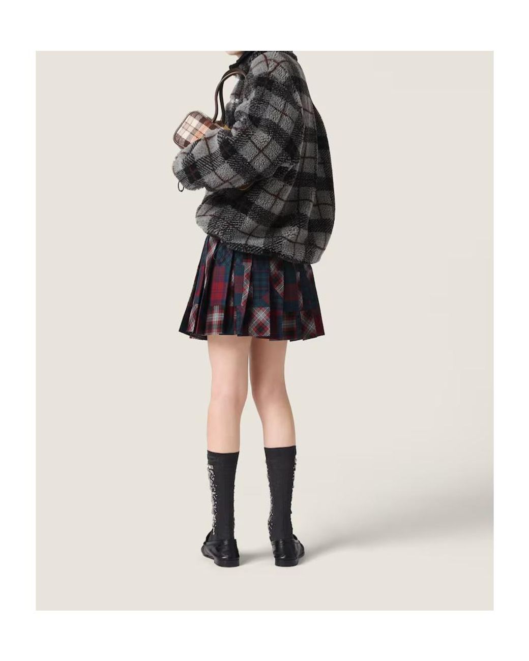 Miu Miu Red Pleated Plaid Patchwork Miniskirt