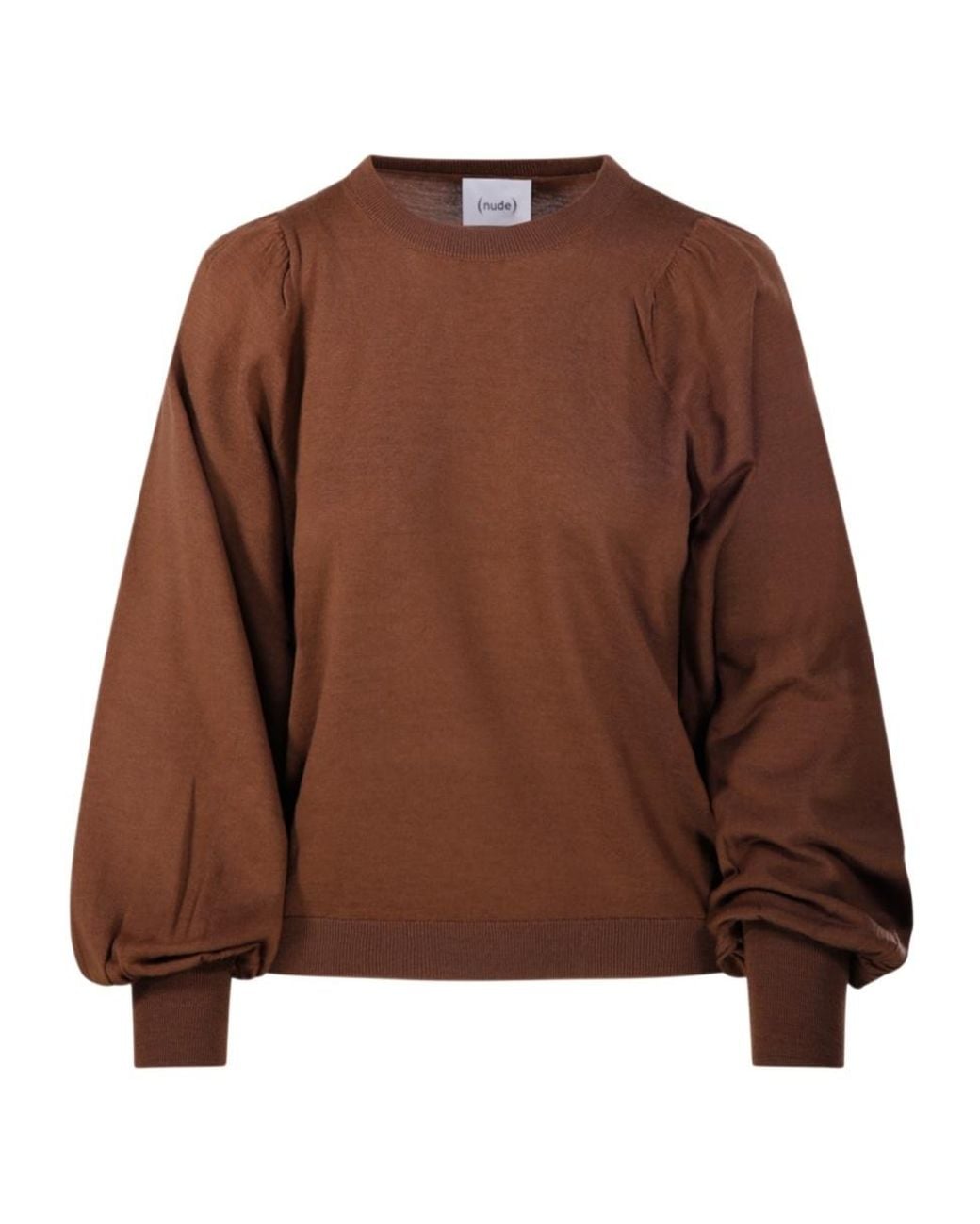 Nude Brown Puff-Sleeve Crew-Neck Sweater