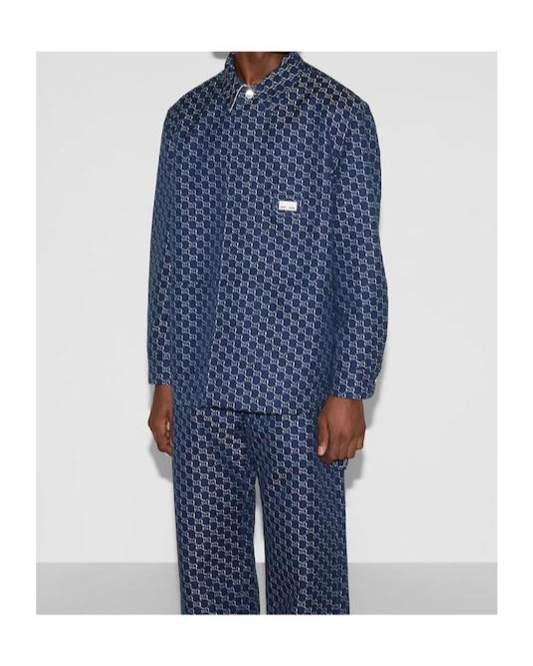 Gucci Blue Monogrammed Long-Sleeve Shirt for men