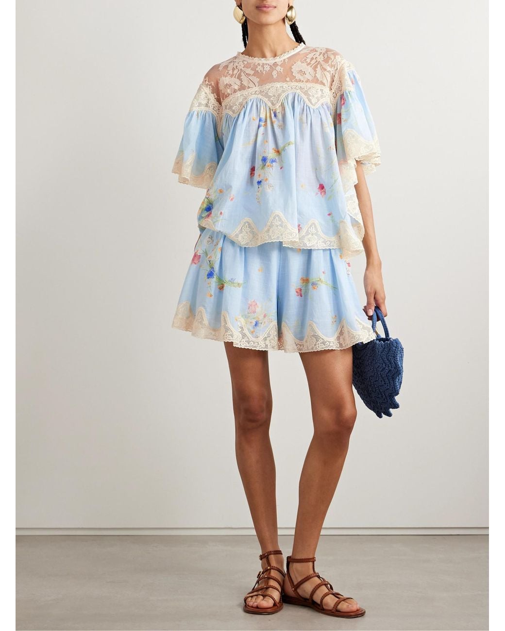 Zimmermann Blue Lace-Trimmed Floral-Print Cotton-Voile Blouse