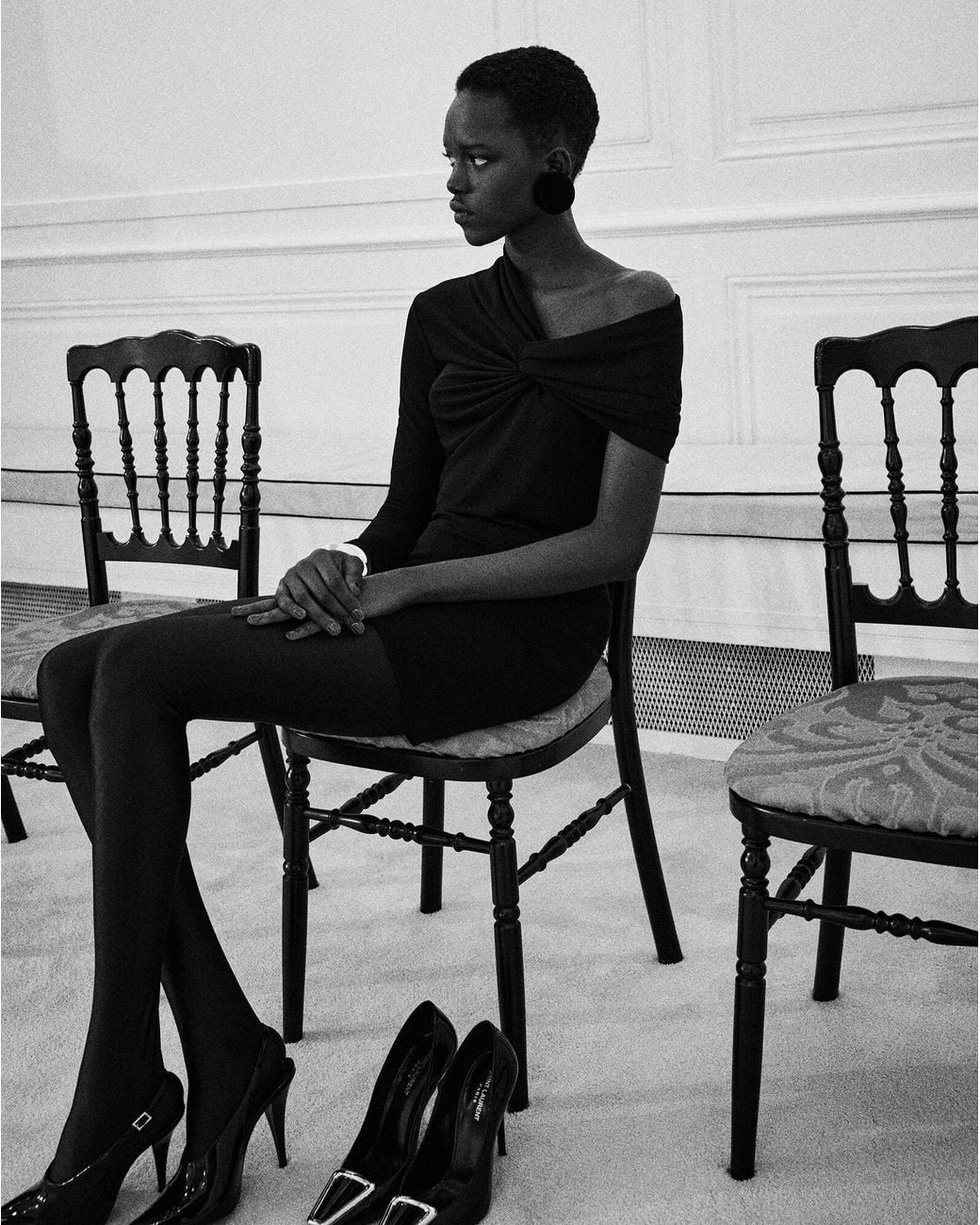 Saint Laurent Black Ruched One-Sleeved Mini Dress