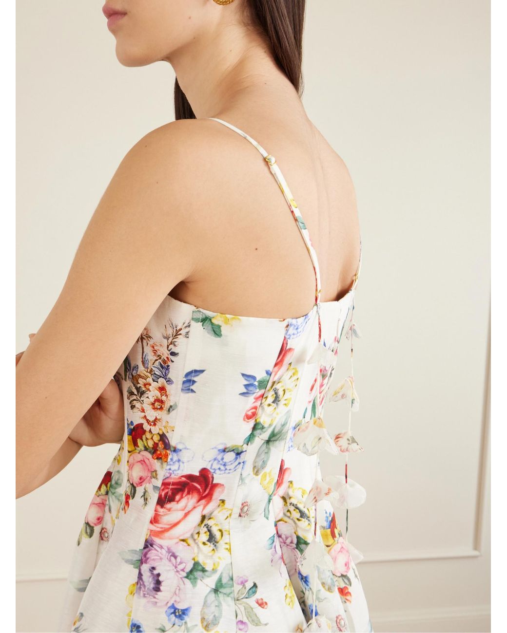 Camilla White Paneled Embellished Floral-Print Silk And Linen-Blend Mini Dress