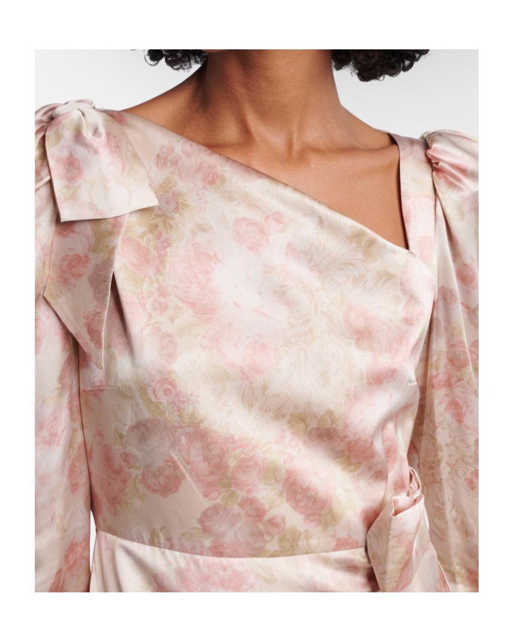 Alessandra Rich Natural Bow-Detail Floral Silk Satin Midi Dress