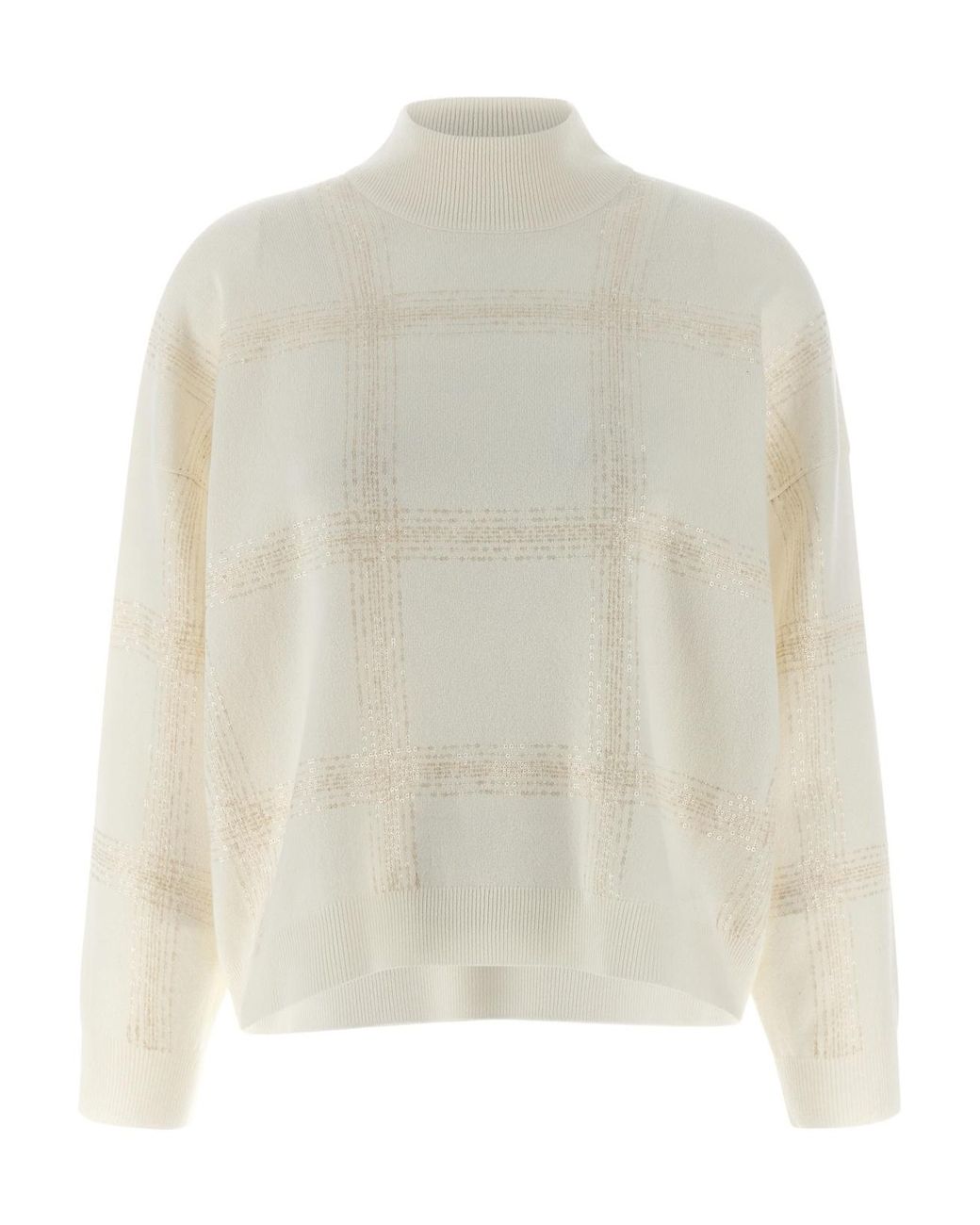Brunello Cucinelli White Sequin Embellished Turtle Neck Knitted Jumper