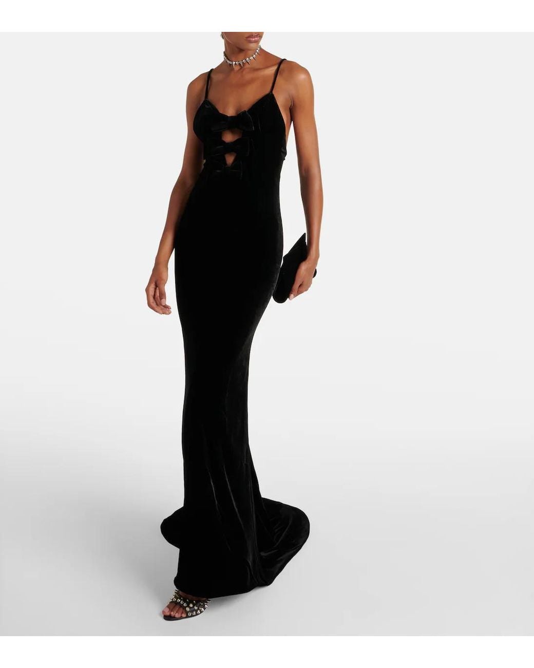Alessandra Rich Black Velvet Dress With Bow Decoration
