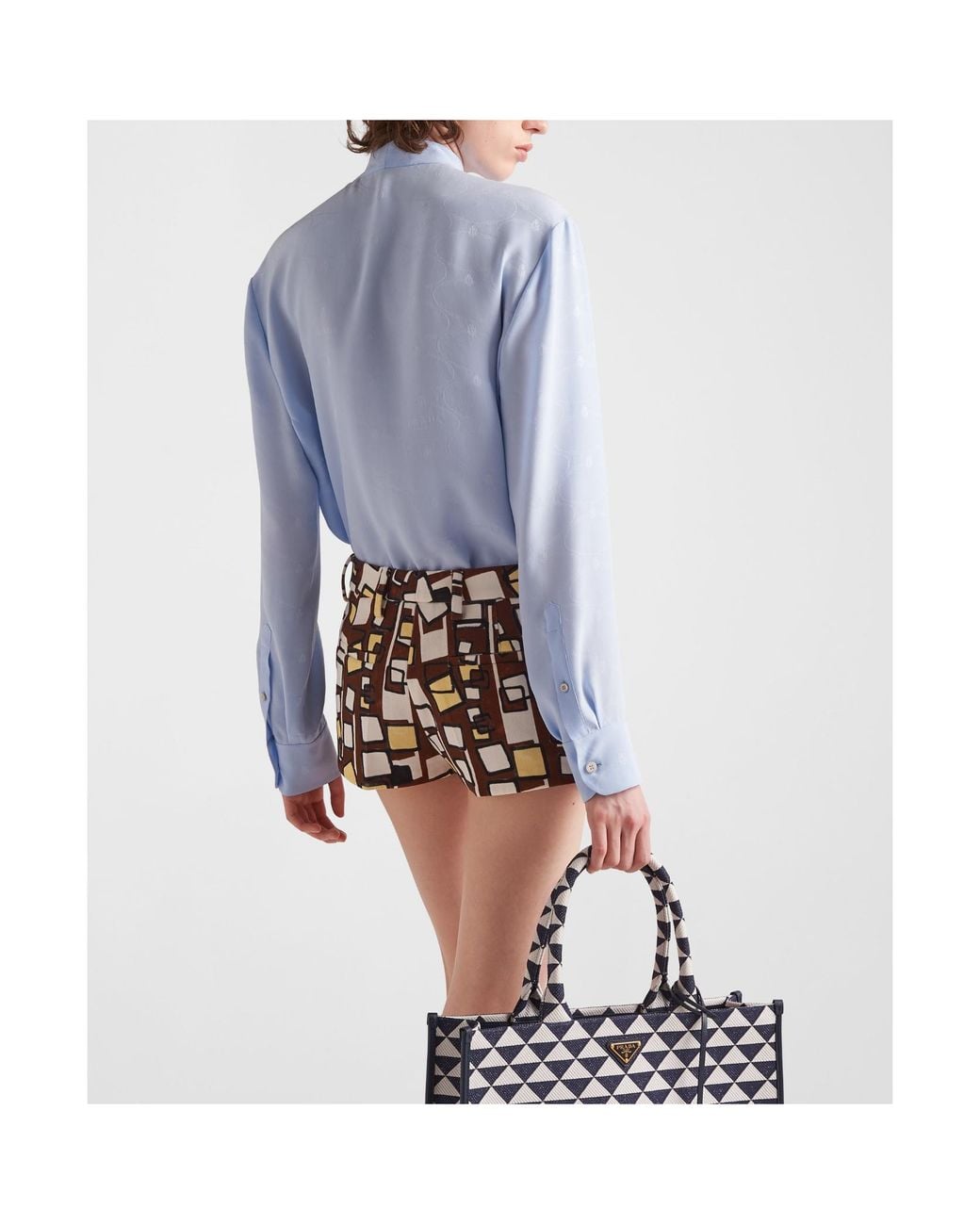 Prada Blue Jacquard Crepe De Chine Blouse