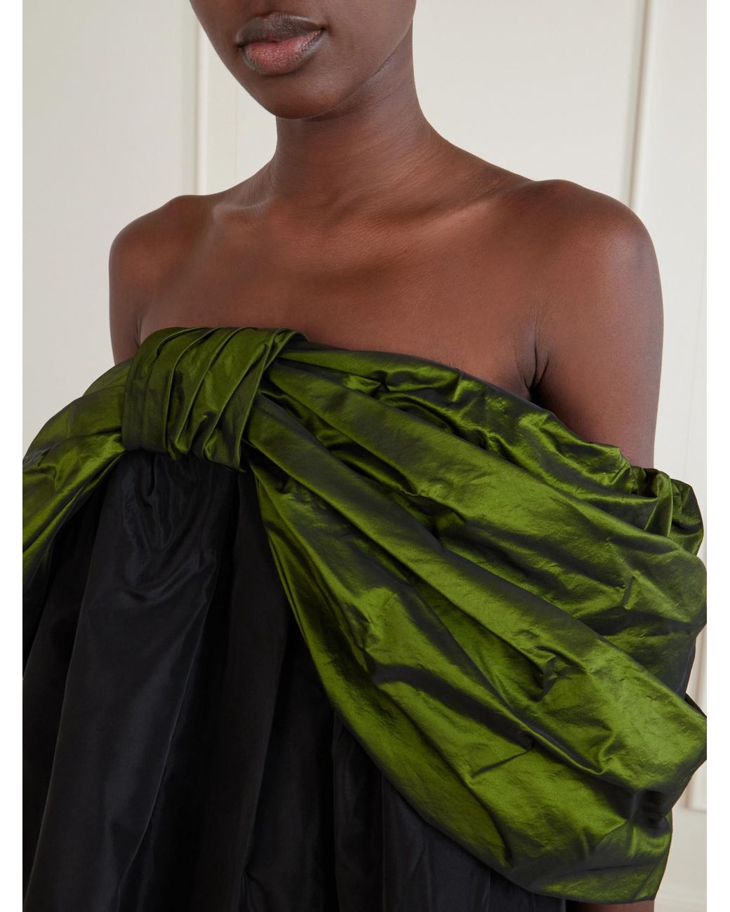 Simone Rocha Green Bow-Detailed Gathered Taffeta Blouse