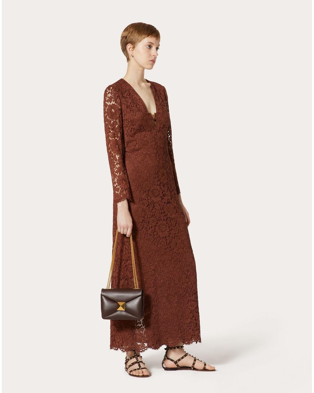 Valentino Brown Floral-Lace Long-Sleeve Long Dress