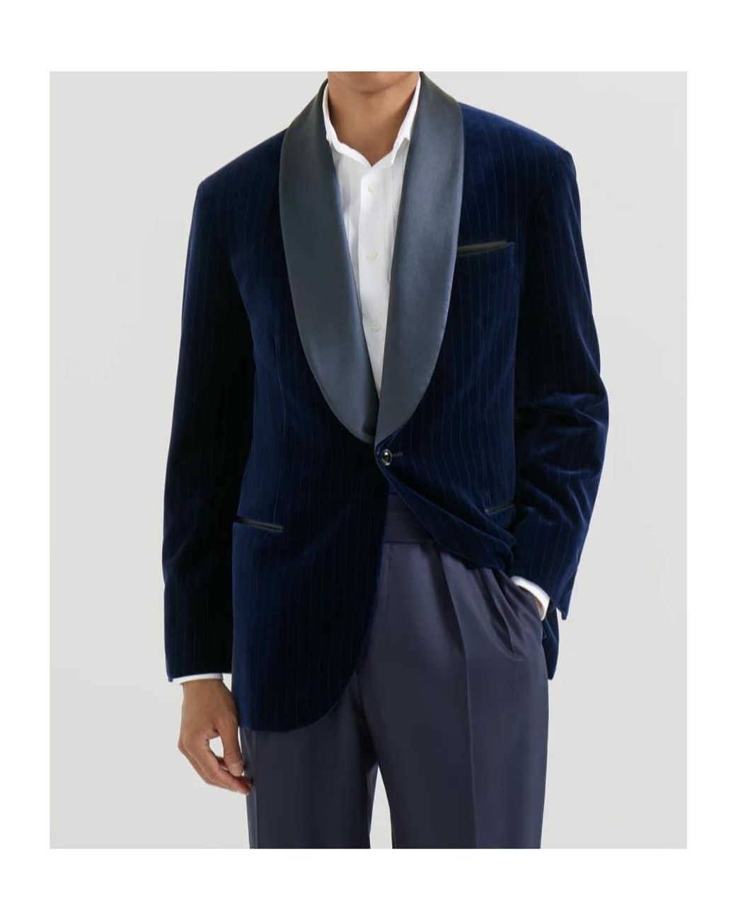 Brunello Cucinelli Blue Cotton Chalk Stripe Velvet Tuxedo Jacket With Shawl Lapels for men