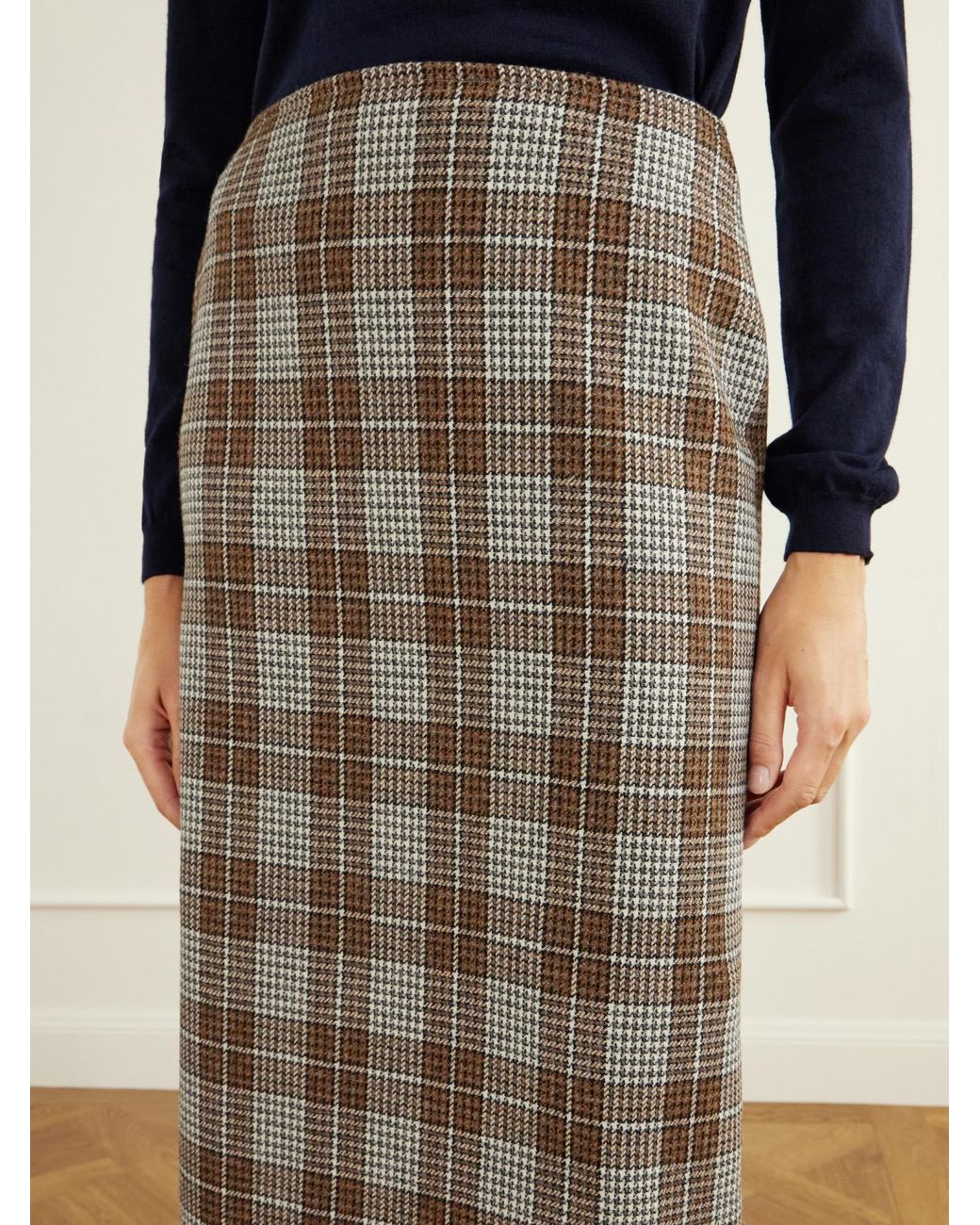 Giuliva Heritage Brown Checked Houndstooth Wool Knee-Length Skirt