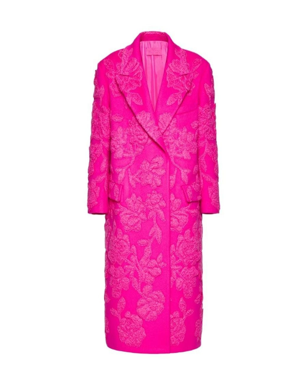 Valentino Pink Compact Drap Coat With Floral Embroidery