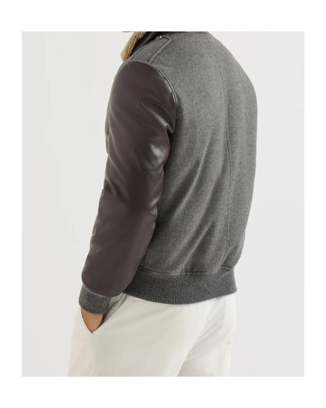 Brunello Cucinelli Gray Bonded Cashmere Beaver Cloth And Nappa Leather Bomber Jacket With Thermore Padding And Detachable Shearling Collar for men
