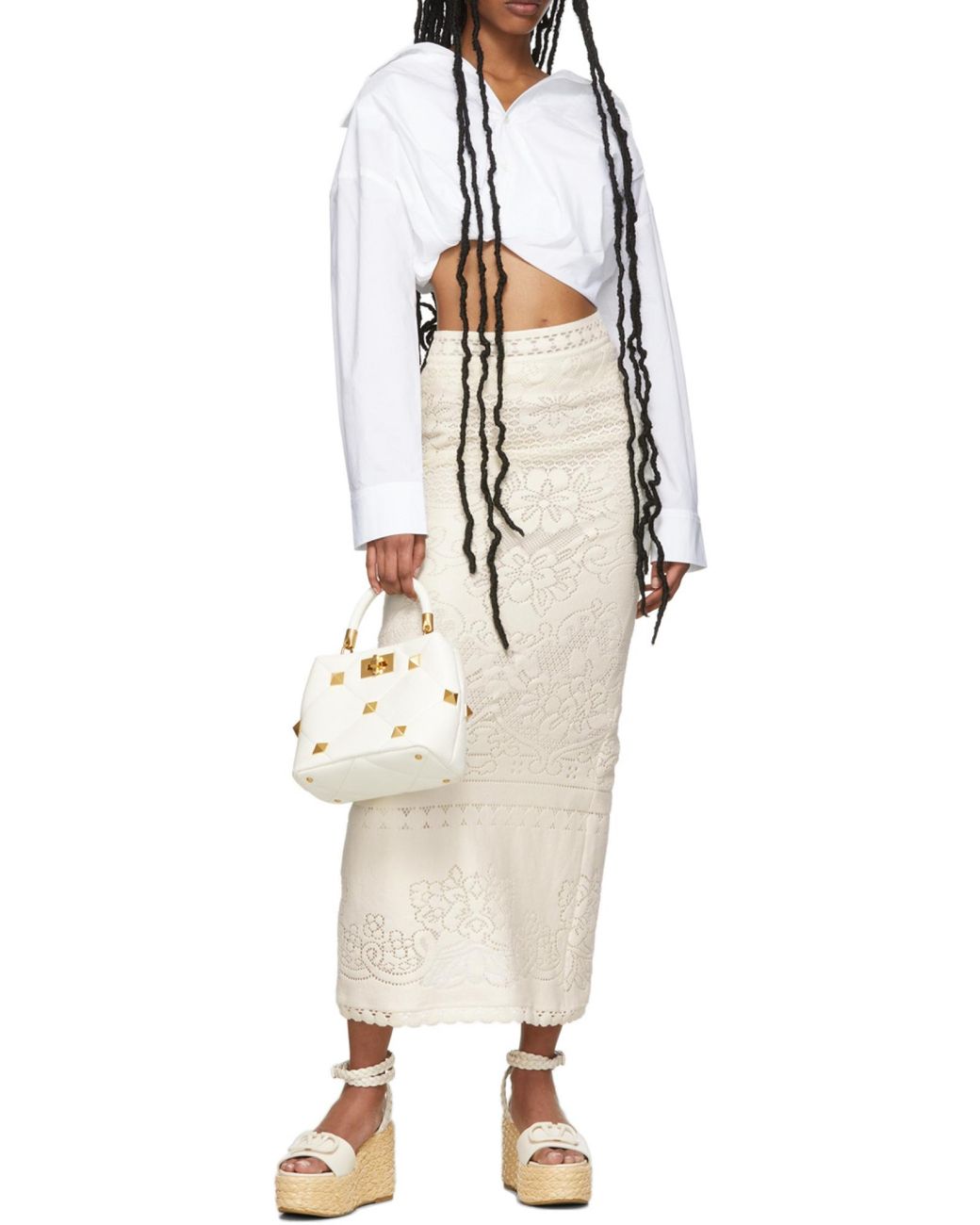Valentino White High-Waisted Heavy Lace Skirt