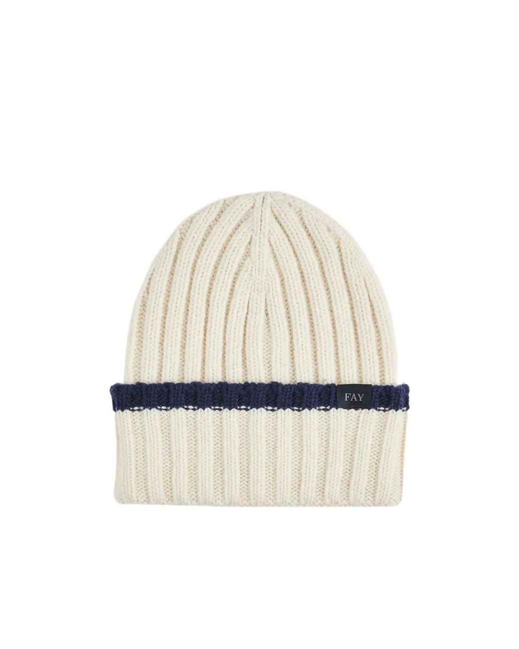 Fay White Ribbed-Knit Stripe Beanie Hat for men