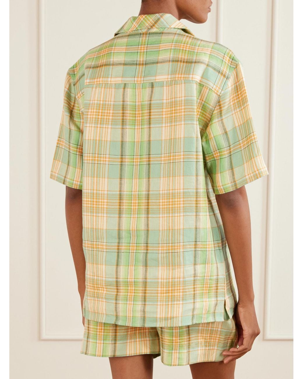God's True Cashmere Metallic Lime Moss Checked Linen Shirt