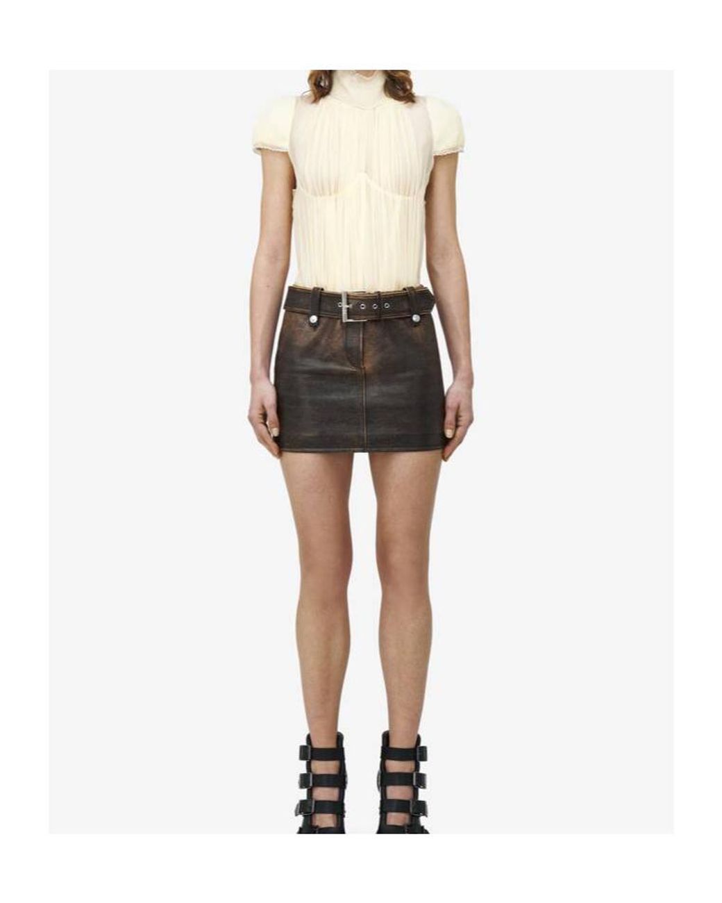 McQueen Brown Belted Leather Mini Skirt