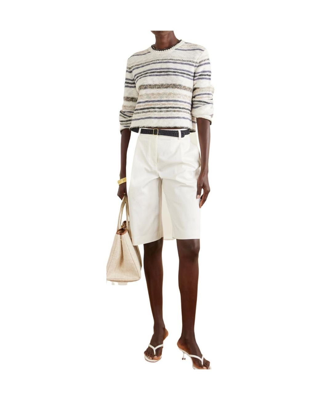 James Perse White Striped Knitted Cotton-Blend Sweater