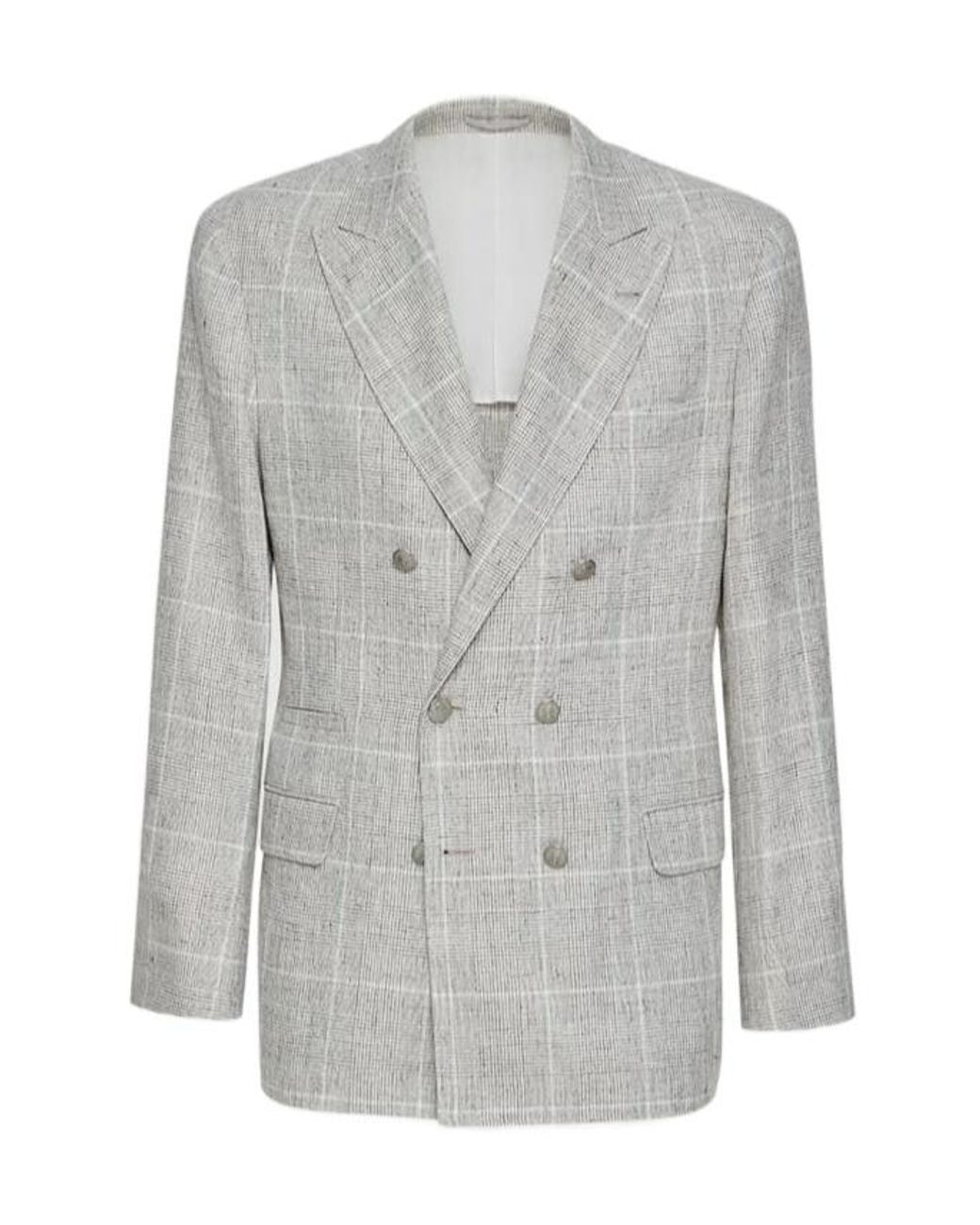 Brunello Cucinelli Gray Linen Prince Of Wales One-And-A-Half Breasted Deconstructed Blazer With Metal Buttons for men