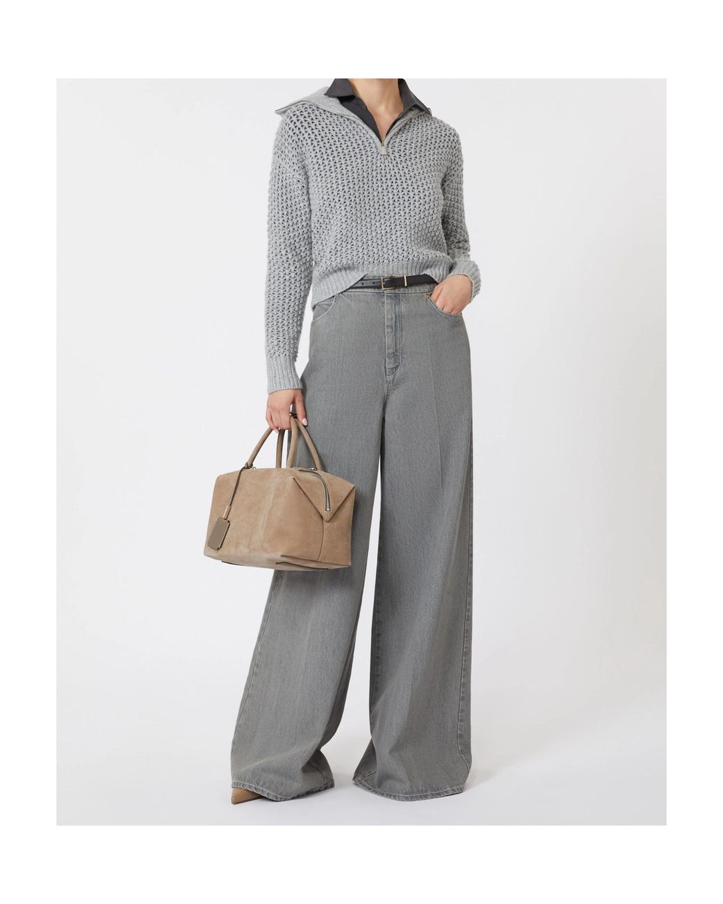 Max Mara Gray Tequila Open-Knit Zip Detailed Jumper
