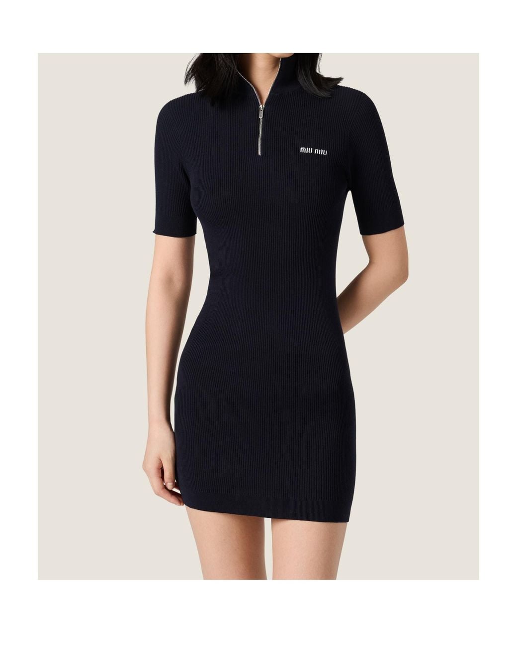 Miu Miu Black Ribbed Knit Cotton Dress