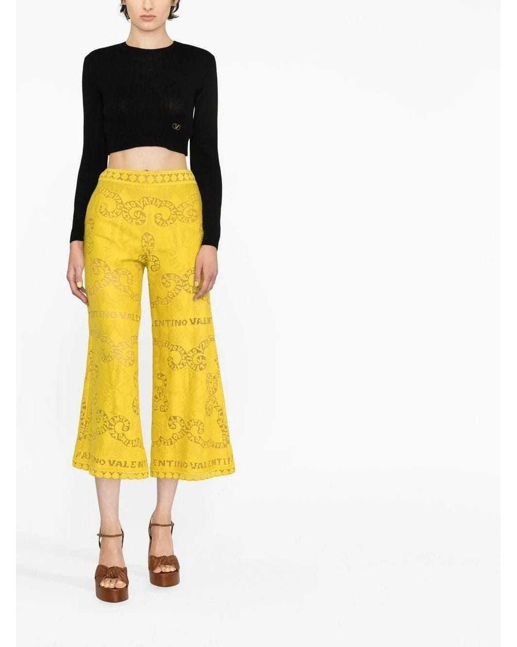 Valentino Yellow Cropped Lace Trousers