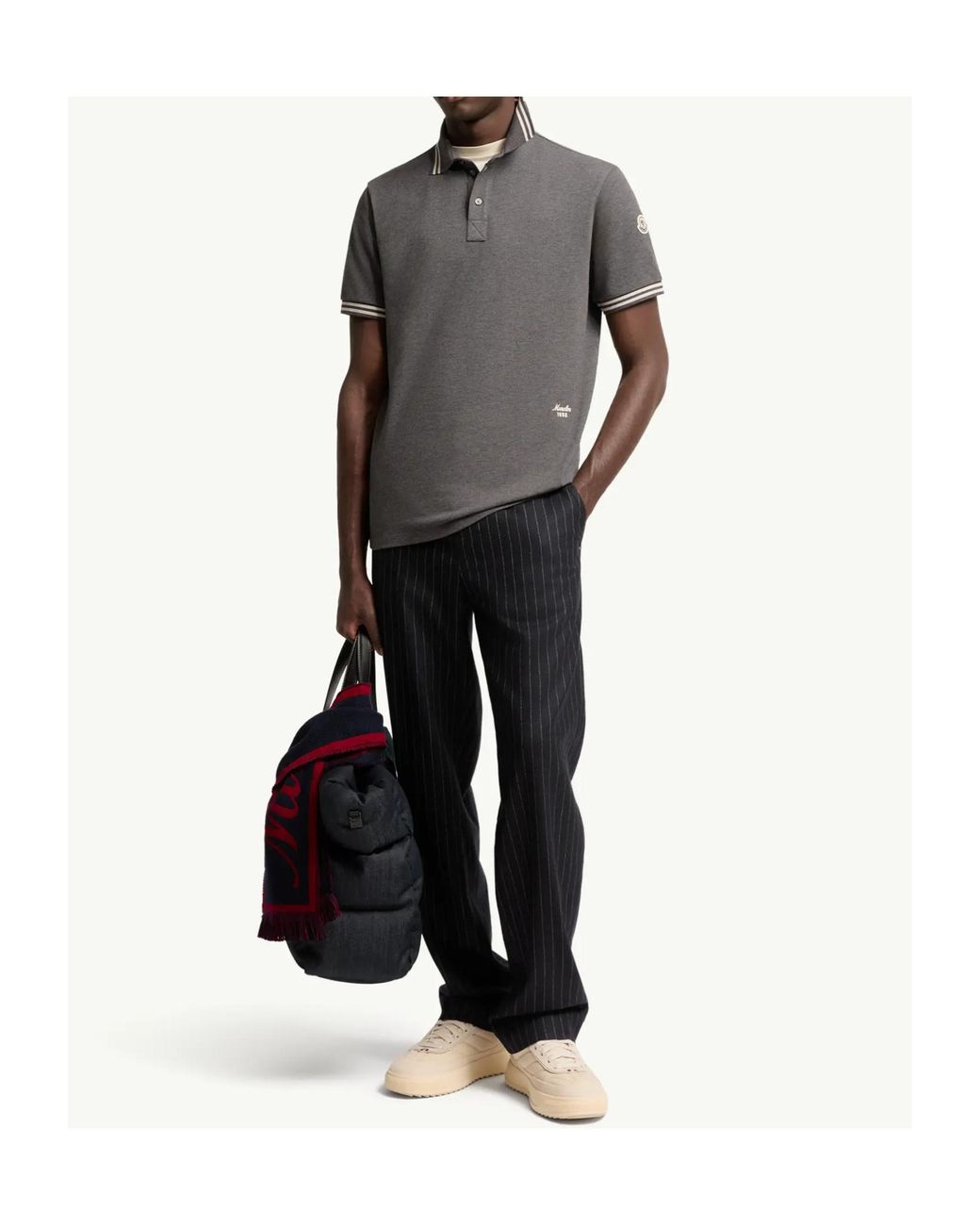 Moncler Gray Striped Trim Piqué Polo Shirt for men