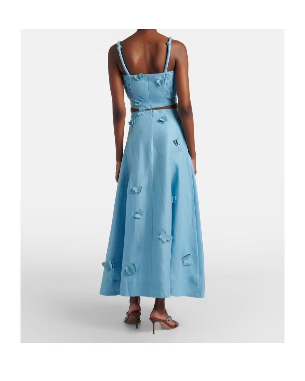 Farm Rio Blue Patch-Appliqué Linen Midi Skirt
