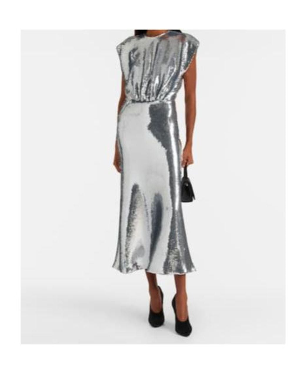 David Koma Gray Gathered Sequined Midi Dress