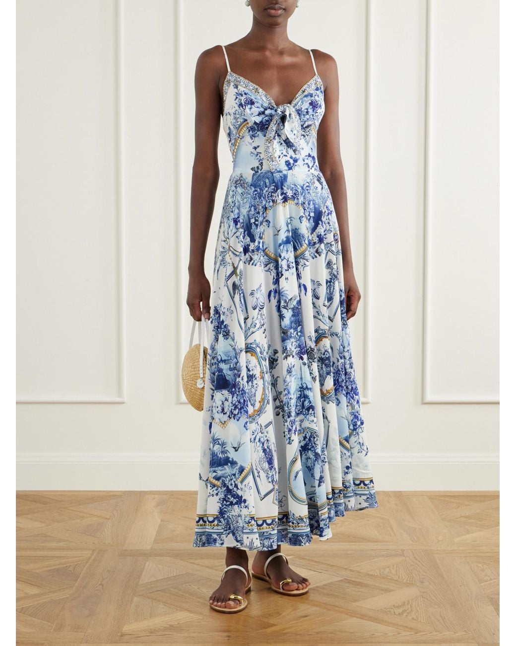 Camilla Blue Porcelain Parlour Tie-Detail Crystal-Embellished Printed Silk Maxi Dress