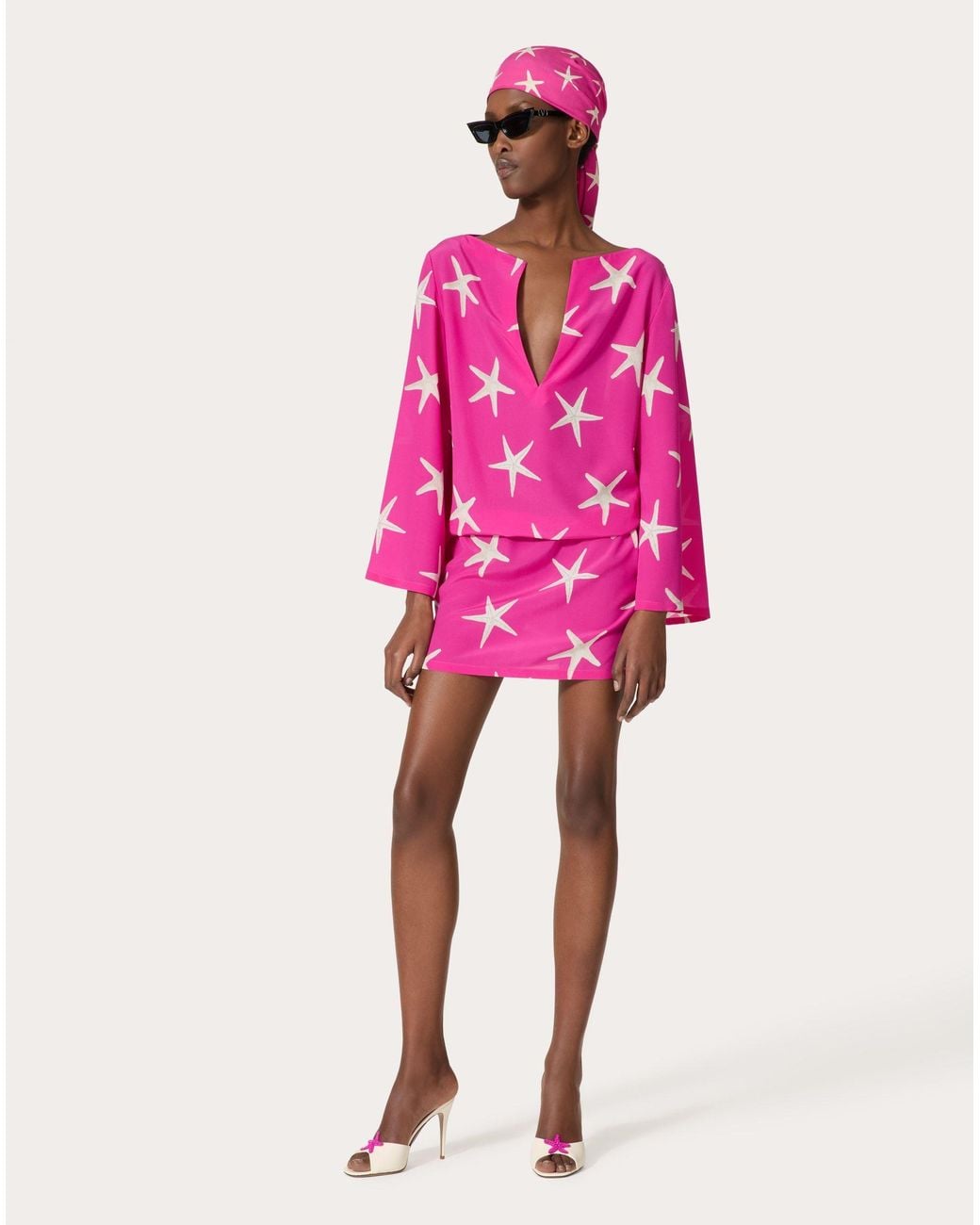 Valentino Pink Star Printed Creped Dress