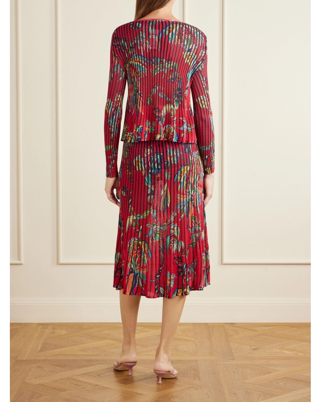 Etro Red Floral-Print Open-Knit Ribbed Blouse
