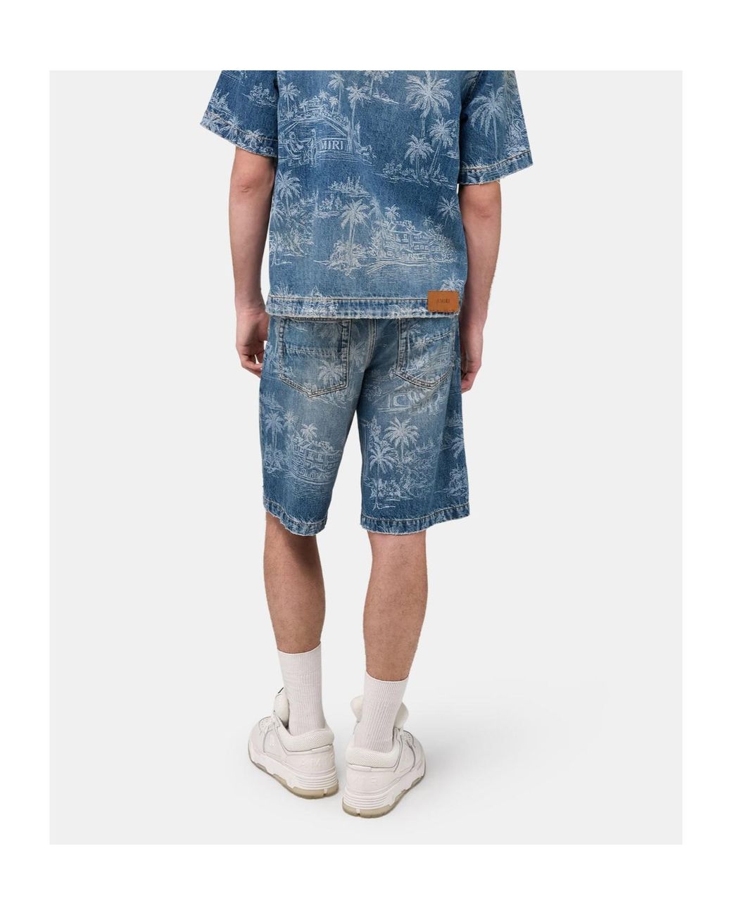 Amiri Blue Tropical Print Denim Shorts for men