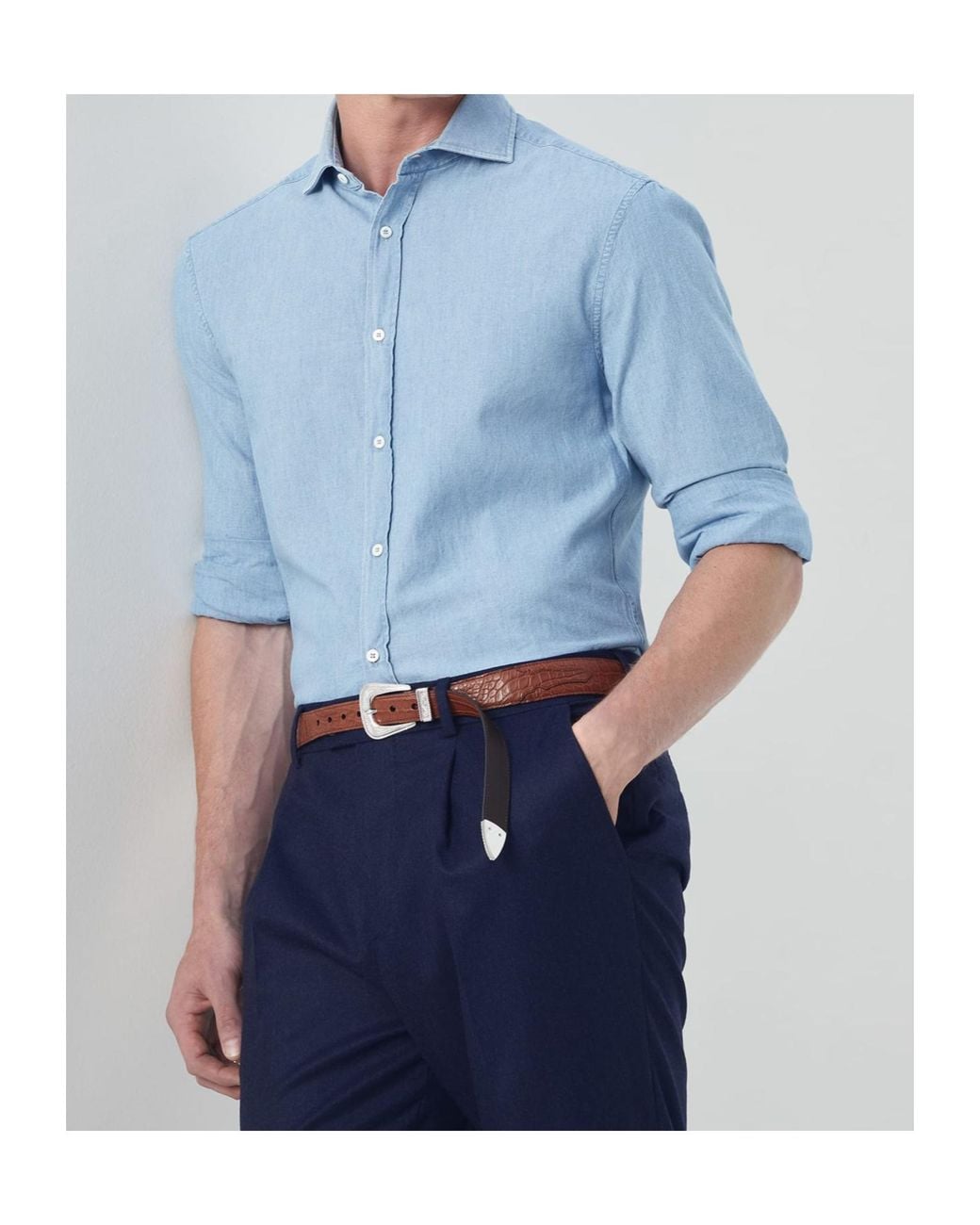 Brunello Cucinelli Blue Denim-Effect Chambray Shirt With Spread Collar for men