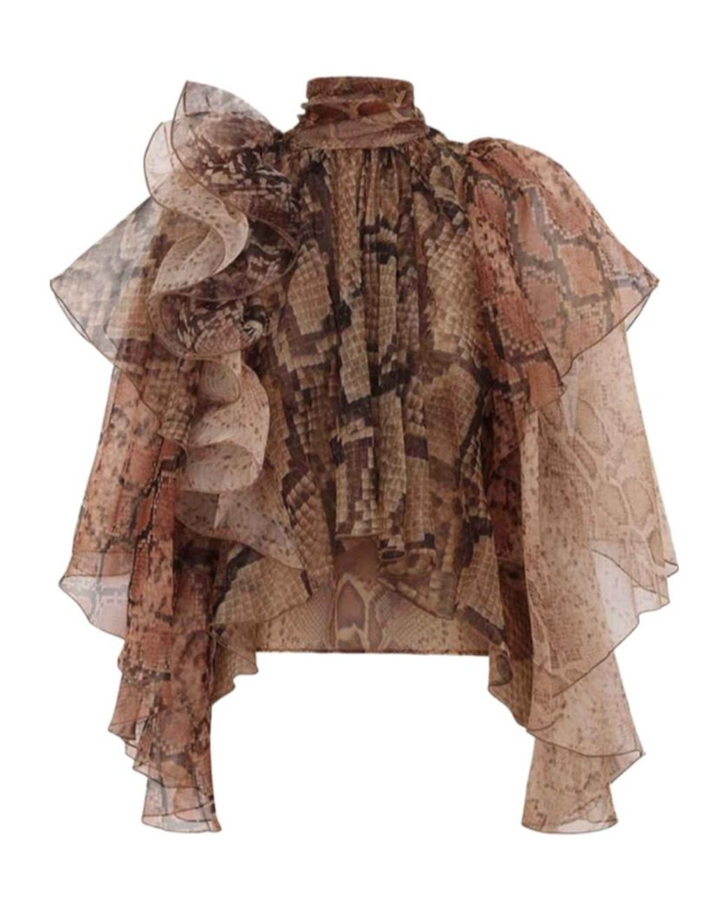 Zimmermann Brown Ruffled Snakeskin-Print Blouse