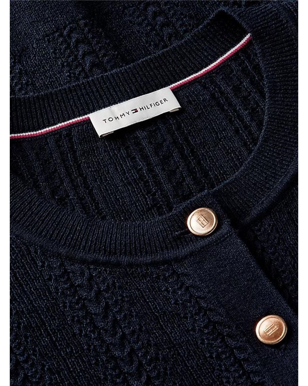 Tommy Hilfiger Blue Pointelle-Tone Button Short Sleeve Cardigan
