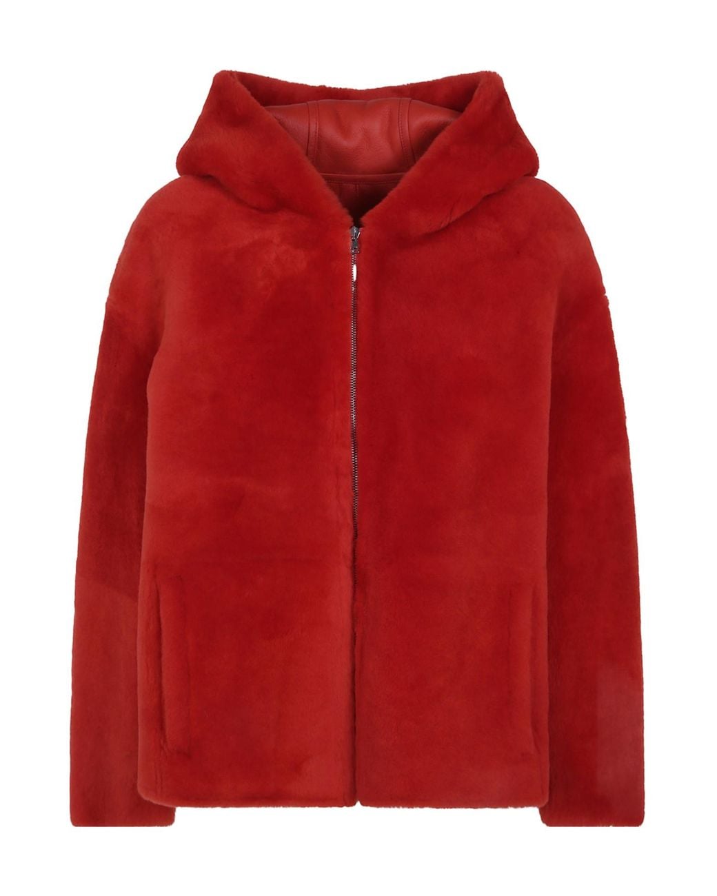 Yves Salomon Red Long-Sleeve Hooded Jacket