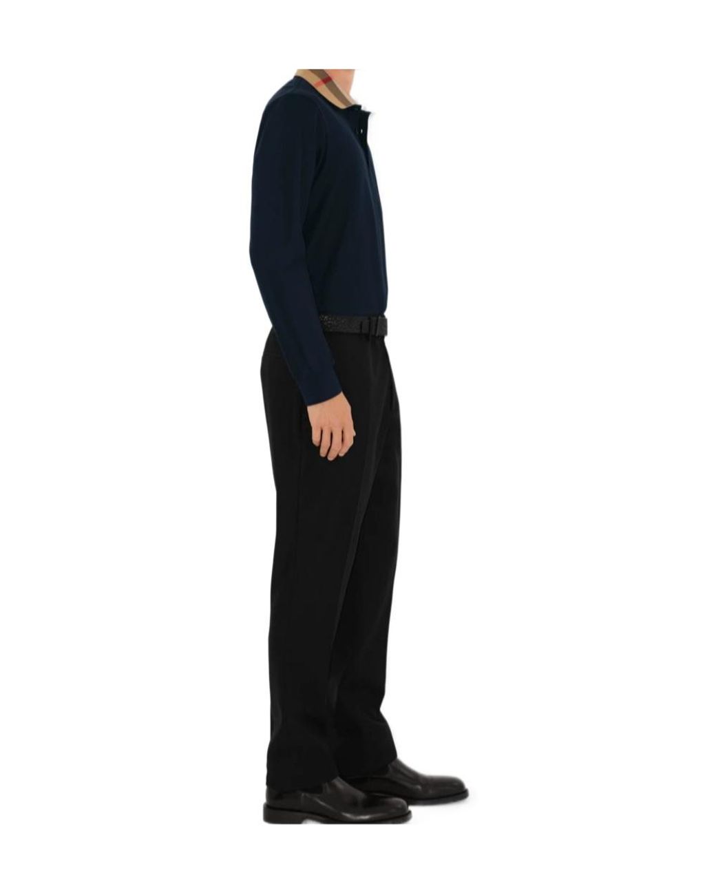 Burberry Blue Cotton Check-Collar Long-Sleeve Polo Shirt for men