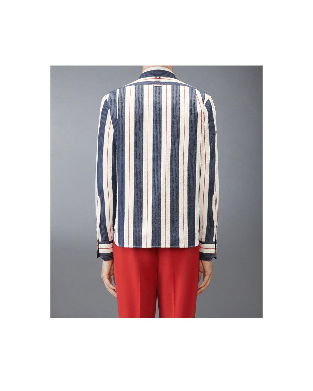 Thom Browne Blue Rounded Collar Striped Zipped Shirt for men