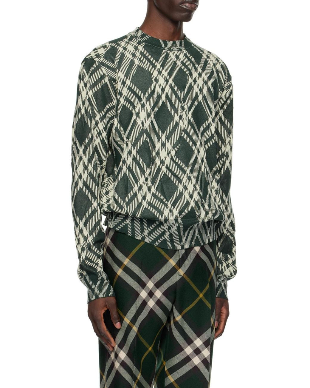 Burberry Green Checked Crewneck Knitted Jumper for men