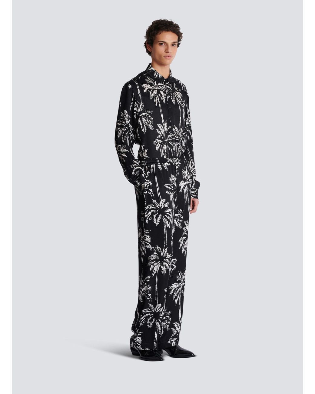 Balmain Black Palm Print Satin Pyjama Trousers for men