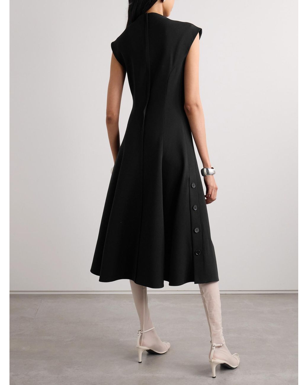Proenza Schouler Black Georgia Button-Detailed Pleated Crepe Midi Dress