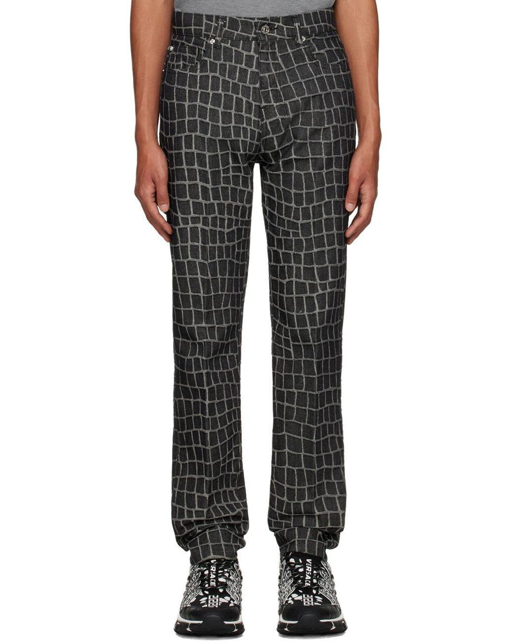 Versace Gray Crocodile-Print Straight-Leg Jeans for men