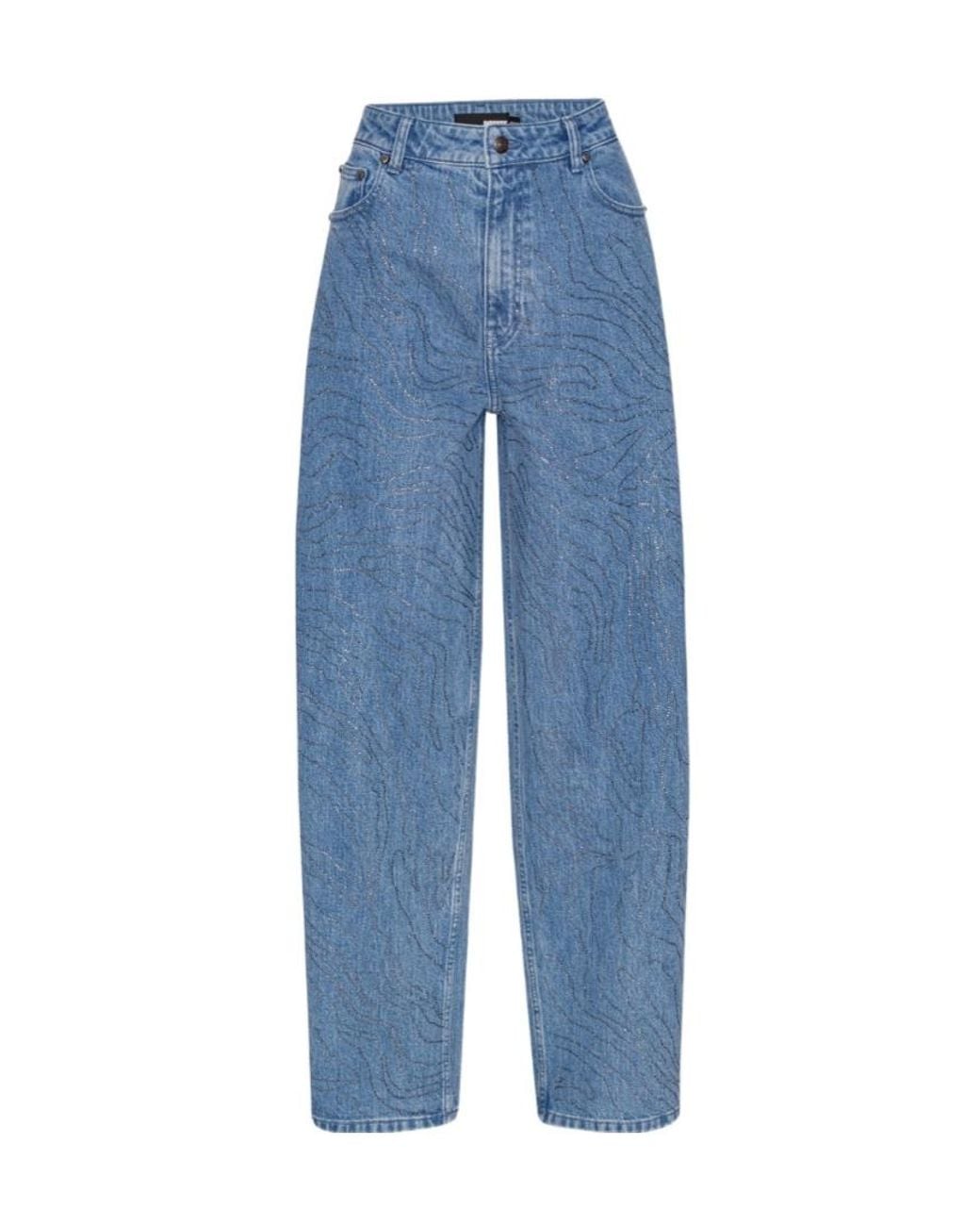 ROTATE BIRGER CHRISTENSEN Blue Rhinestone-Embellished Wide-Leg Jeans