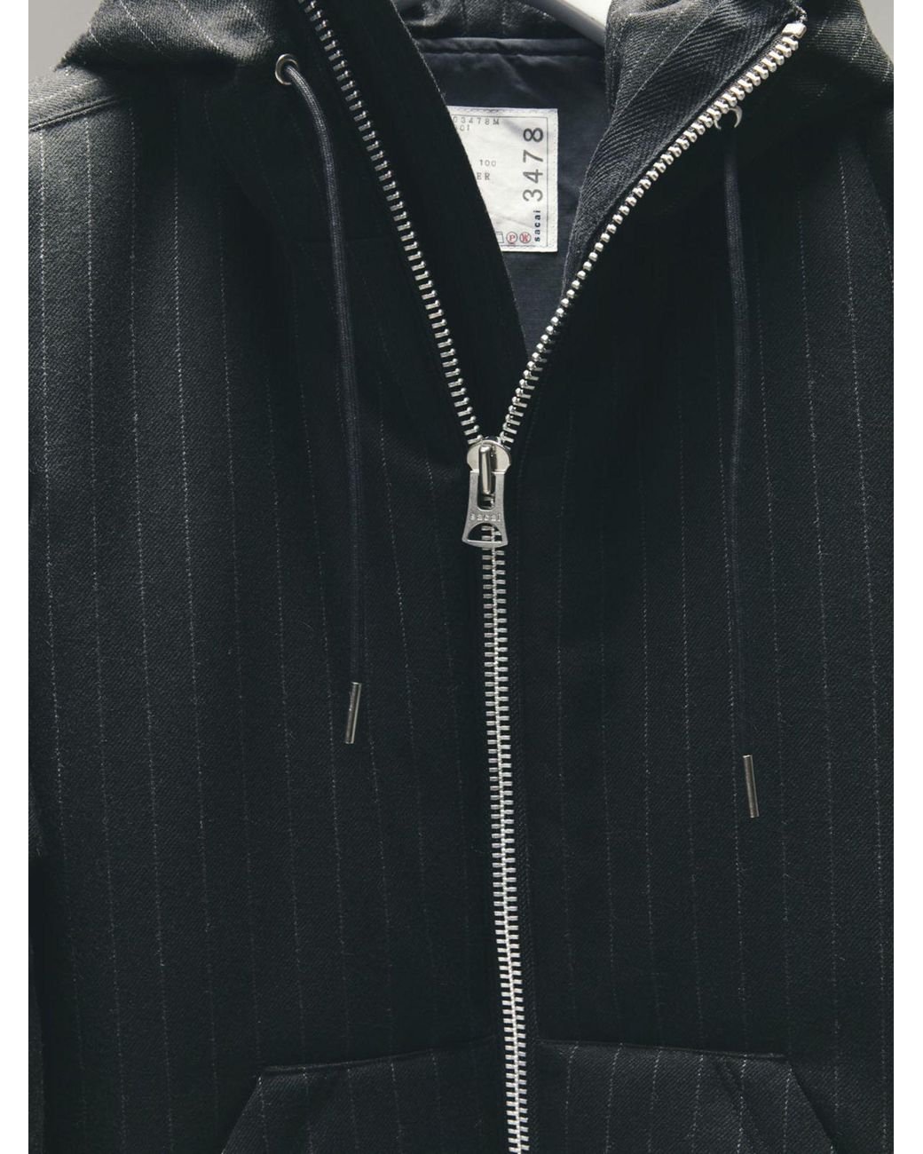 Sacai Black Hoodie Pinstriped Zip-Up Hooded Jacket for men