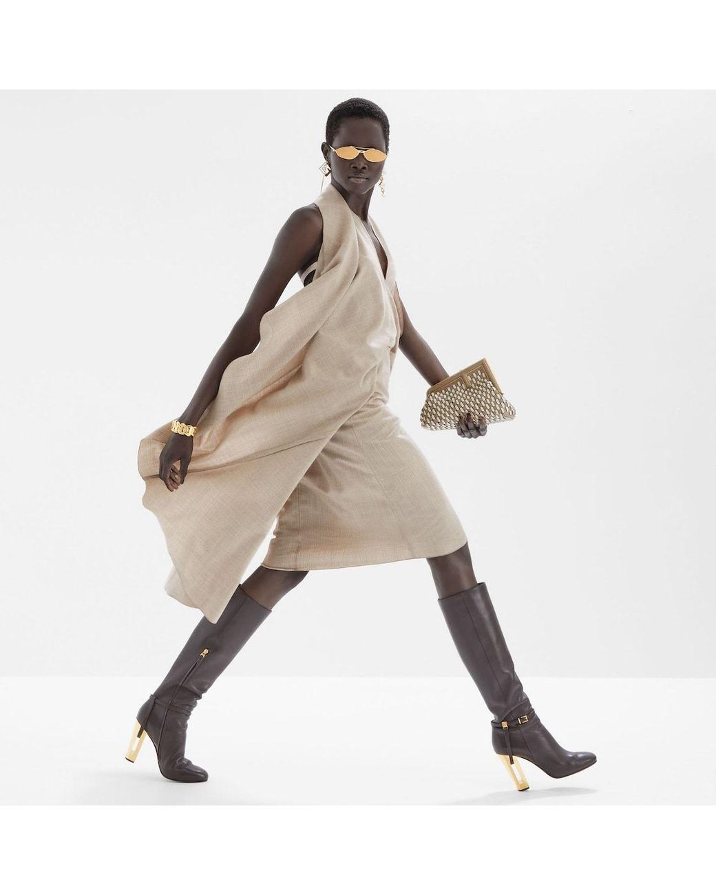 Fendi Natural Draped Cape Detailed Backless Dress